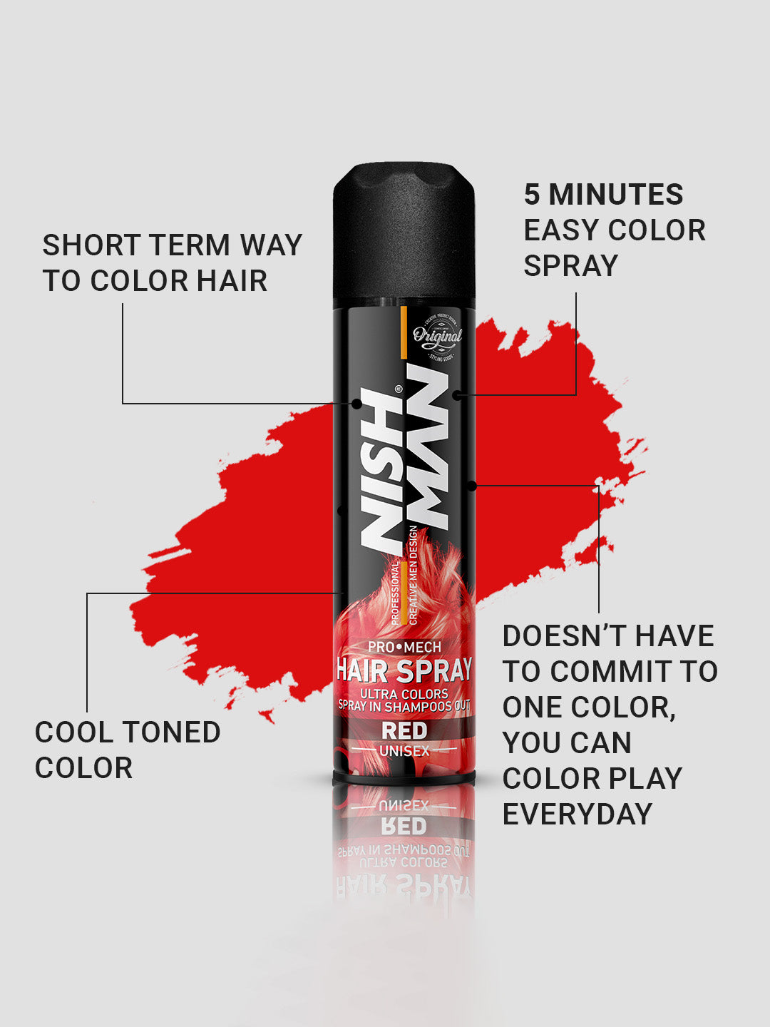 Nishman Professional Hair Color Spray | Cruelty, Peroxide & Ammonia Free |Suitable For Daily Use | Unisex Temporary Hair Color - Red | 150 ML