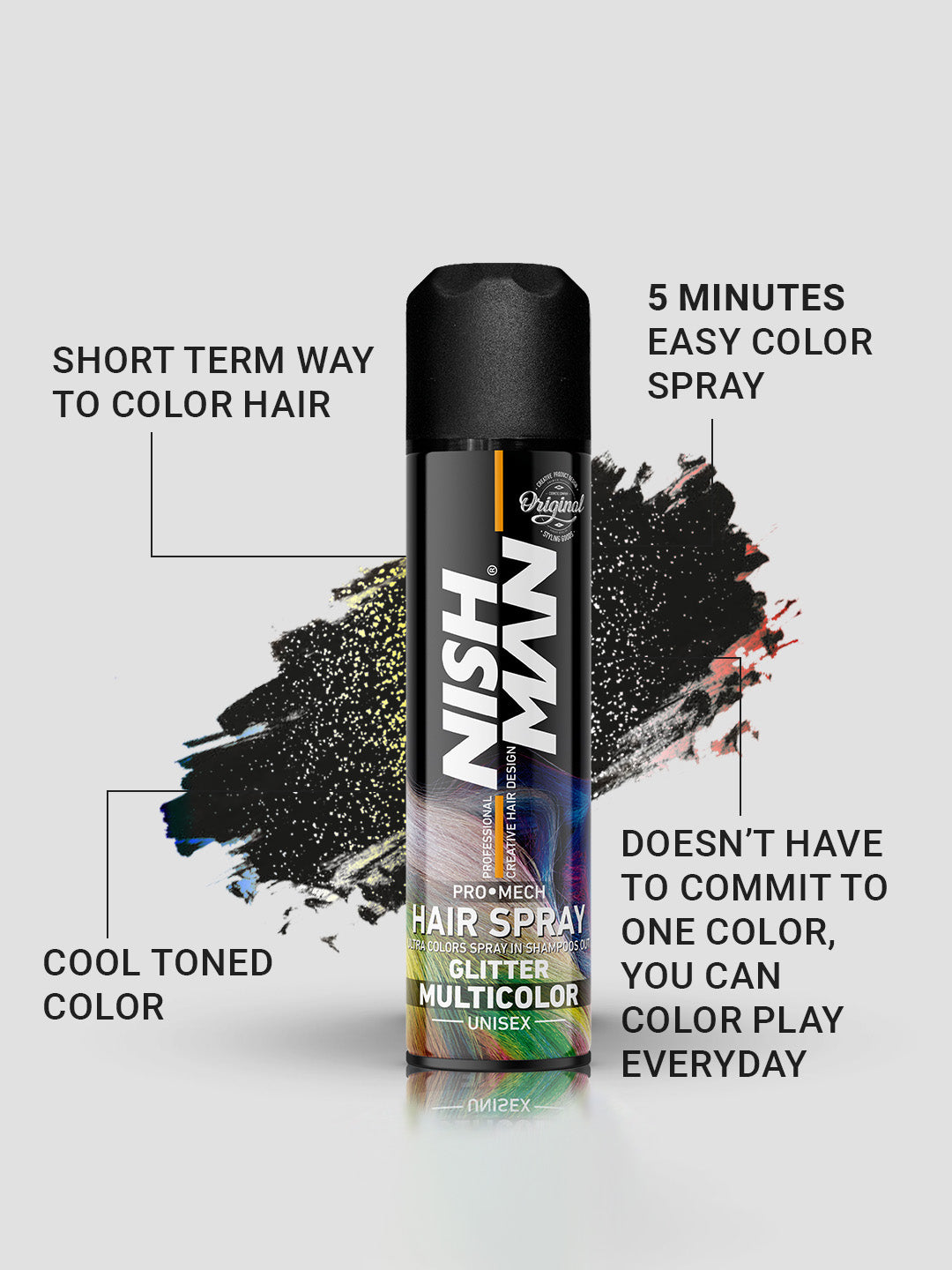 Nishman Professional Hair Color Spray | Cruelty, Peroxide & Ammonia Free |Suitable For Daily Use | Unisex Temporary Hair Color - Glitter Multicolor | 150 ML