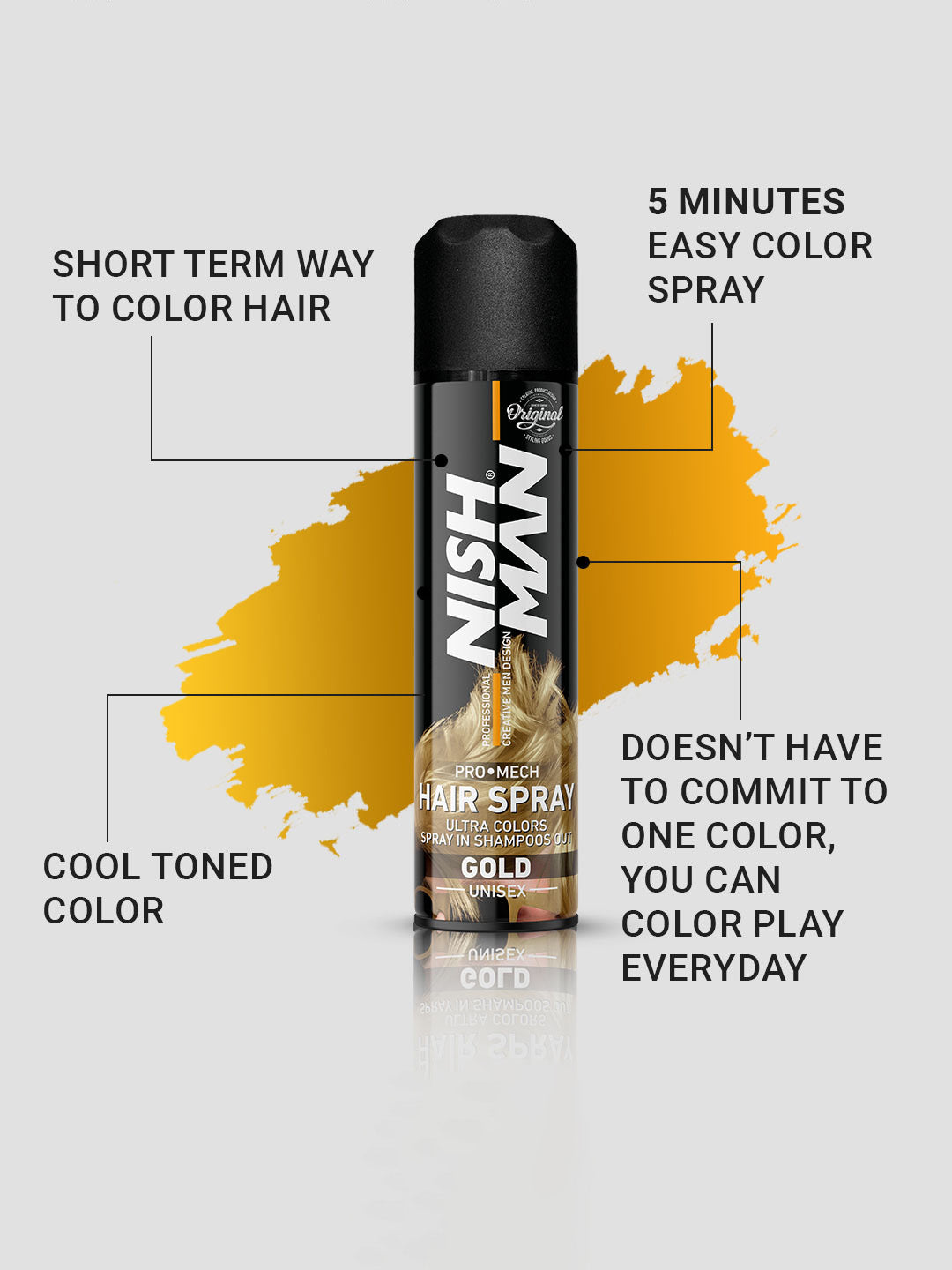 Nishman Professional Hair Color Spray | Cruelty, Peroxide & Ammonia Free | Suitable For Daily Use | Unisex Temporary Hair Color - Gold | 150 ML